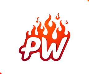 Uppercase initial logo letter PW with blazing flame silhouette,  simple and retro style logotype for adventure and sport activity.