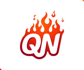 Uppercase initial logo letter QN with blazing flame silhouette,  simple and retro style logotype for adventure and sport activity.