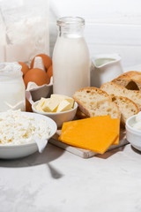 assortment of fresh farm dairy products on white background, vertical