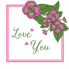 Design elegant of card love you, with green leafy floral frames blooms. Vector