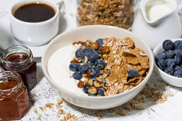 bowl of healthy wholegrain flakes, yogurt and fresh blueberries for breakfast, closeup