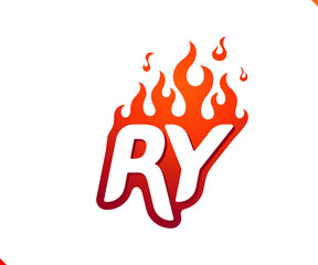 Uppercase initial logo letter RY with blazing flame silhouette,  simple and retro style logotype for adventure and sport activity.