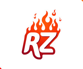 Uppercase initial logo letter RZ with blazing flame silhouette,  simple and retro style logotype for adventure and sport activity.