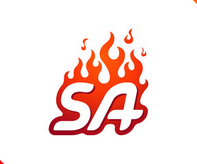 Uppercase initial logo letter SA with blazing flame silhouette,  simple and retro style logotype for adventure and sport activity.