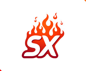 Uppercase initial logo letter SX with blazing flame silhouette,  simple and retro style logotype for adventure and sport activity.