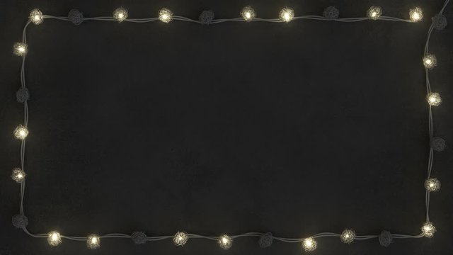 Frame of rotang string lights on white concrete. Abstract holiday background. Seamless loop 3D render animation