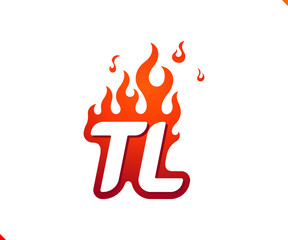 Uppercase initial logo letter TL with blazing flame silhouette,  simple and retro style logotype for adventure and sport activity.