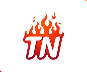 Uppercase initial logo letter TN with blazing flame silhouette,  simple and retro style logotype for adventure and sport activity.