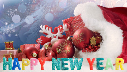 Image of beautiful festive designer christmas decorations.Merry Christmas and Happy New Year Greeting Card