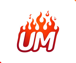 Uppercase initial logo letter UM with blazing flame silhouette,  simple and retro style logotype for adventure and sport activity.