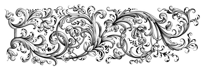 Fototapeta Vintage Baroque Victorian frame border flower pattern vector floral engraved scroll ornament leaf retro decorative design tattoo black and white filigree calligraphic heraldic shield swirl obraz