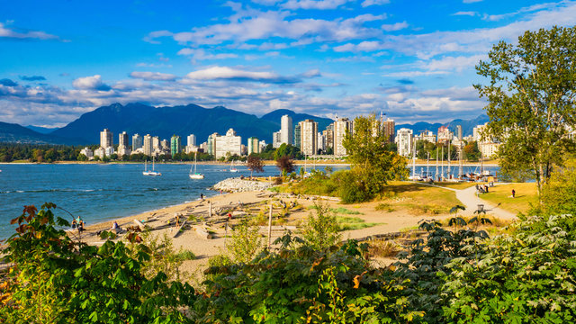 English Bay IN Vancouver Against Backdrop of North Shore Mountains - from Kitsilano Beach