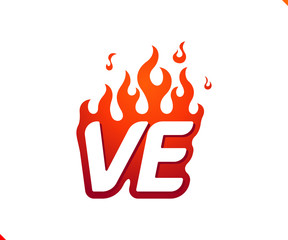 Uppercase initial logo letter VE with blazing flame silhouette,  simple and retro style logotype for adventure and sport activity.