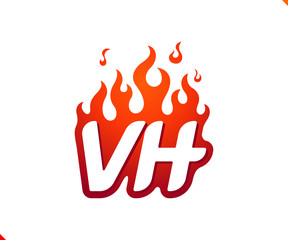 Uppercase initial logo letter VH with blazing flame silhouette,  simple and retro style logotype for adventure and sport activity.