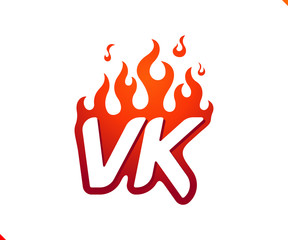 Uppercase initial logo letter VK with blazing flame silhouette,  simple and retro style logotype for adventure and sport activity.