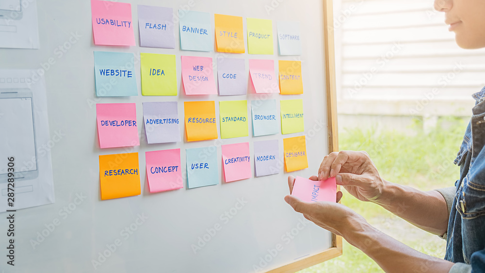 Wall mural creative web designer planning application and developing template layout, framework for mobile phon