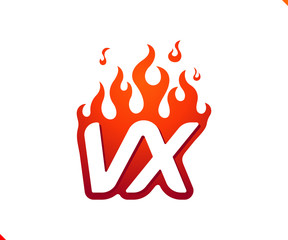 Uppercase initial logo letter VX with blazing flame silhouette,  simple and retro style logotype for adventure and sport activity.