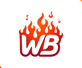 Uppercase initial logo letter WB with blazing flame silhouette,  simple and retro style logotype for adventure and sport activity.