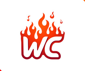 Uppercase initial logo letter WC with blazing flame silhouette,  simple and retro style logotype for adventure and sport activity.