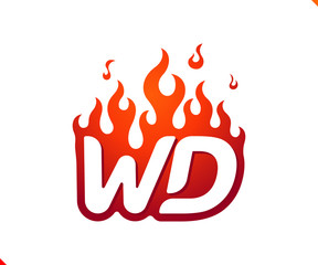 Uppercase initial logo letter WD with blazing flame silhouette,  simple and retro style logotype for adventure and sport activity.