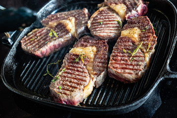 grilled steaks on the pan