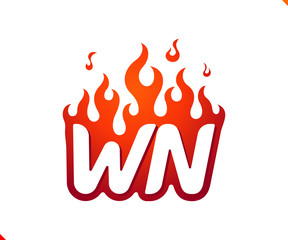 Uppercase initial logo letter WN with blazing flame silhouette,  simple and retro style logotype for adventure and sport activity.