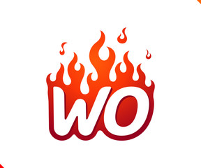 Uppercase initial logo letter WO with blazing flame silhouette,  simple and retro style logotype for adventure and sport activity.