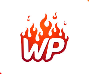 Uppercase initial logo letter WP with blazing flame silhouette,  simple and retro style logotype for adventure and sport activity.