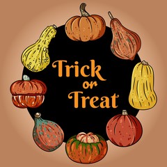 Trick or treat banner in a wreath of pumpkin doodles. Cute halloween pumpkin illustration