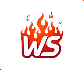 Uppercase initial logo letter WS with blazing flame silhouette,  simple and retro style logotype for adventure and sport activity.