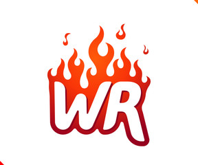 Uppercase initial logo letter WR with blazing flame silhouette,  simple and retro style logotype for adventure and sport activity.