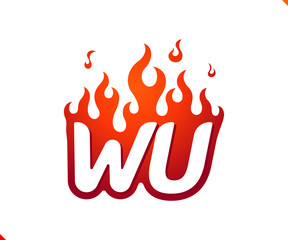Uppercase initial logo letter WU with blazing flame silhouette,  simple and retro style logotype for adventure and sport activity.