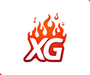 Uppercase initial logo letter XG with blazing flame silhouette,  simple and retro style logotype for adventure and sport activity.