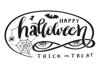 Happy Halloween trick or treat lettering on white background with bats and spider web. Vector illustration for Halloween party poster and greeting card element.