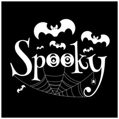 Spooky on black background with bats and spider web. Vector illustration for Halloween party poster and greeting card element.