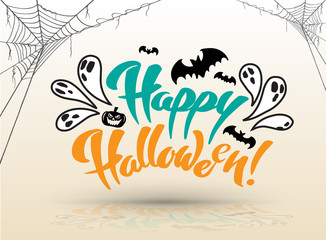 Happy Halloween lettering on white background with bats and spider web. Vector illustration for Halloween party poster and greeting card element.