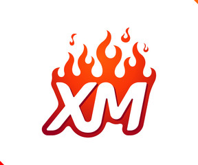 Uppercase initial logo letter XM with blazing flame silhouette,  simple and retro style logotype for adventure and sport activity.