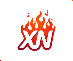Uppercase initial logo letter XN with blazing flame silhouette,  simple and retro style logotype for adventure and sport activity.