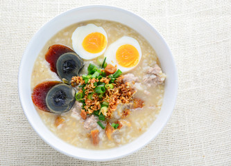 Congee, Rice porridge with minced pork, boiled egg and century egg, great for breakfast.