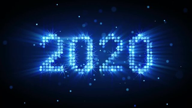 New year 2020 greeting glow blue particles. 3D render animation with DOF. The last 10 seconds are loopable