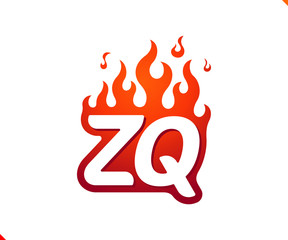 Uppercase initial logo letter ZQ with blazing flame silhouette,  simple and retro style logotype for adventure and sport activity.
