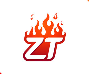 Uppercase initial logo letter ZT with blazing flame silhouette,  simple and retro style logotype for adventure and sport activity.
