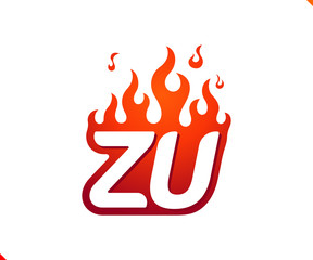 Uppercase initial logo letter ZU with blazing flame silhouette,  simple and retro style logotype for adventure and sport activity.