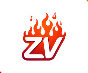 Uppercase initial logo letter ZV with blazing flame silhouette,  simple and retro style logotype for adventure and sport activity.