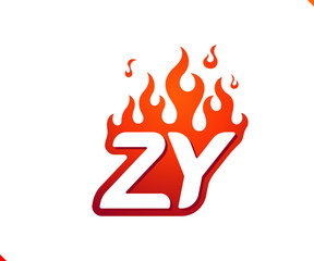 Uppercase initial logo letter ZY with blazing flame silhouette,  simple and retro style logotype for adventure and sport activity.