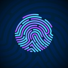 Cyber Security Finger Print Scanned. Fingerprint Scanning Identification System. Biometric Authorization and Security Concept. Vector illustration on dark background