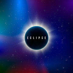 Solar eclipse. Astronomy effect - sun eclipse. Abstract astral universe background. Rays of starlight burst out from behind the planet. Vector illustration