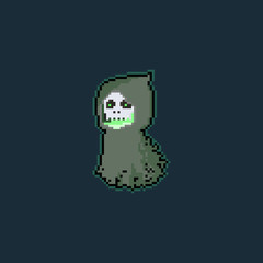 Pixel art cartoon flying reaper character.8bit.halloween.