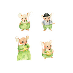Watercolor mouse characters 