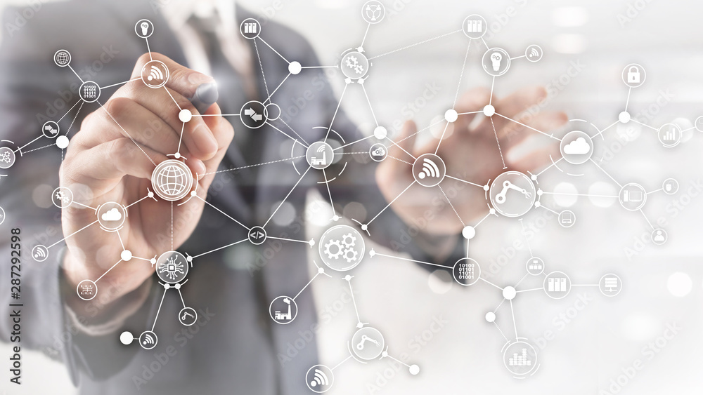 Wall mural technology industrial business process workflow organisation structure on virtual screen. iot smart 